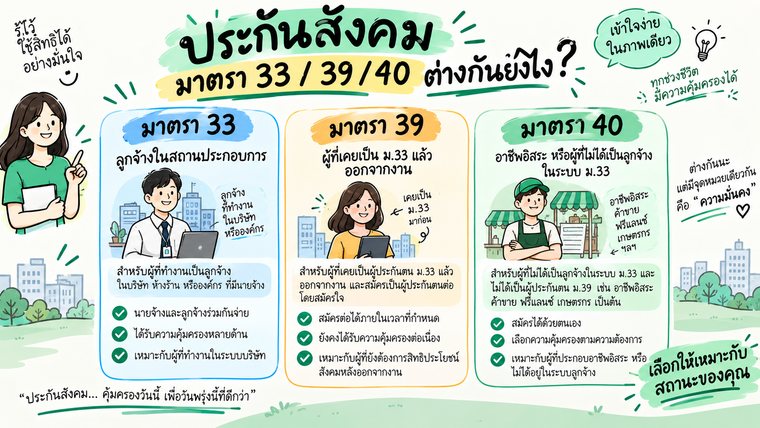เปรียบเทียบประกันสังคมมาตรา 33 39 และ 40